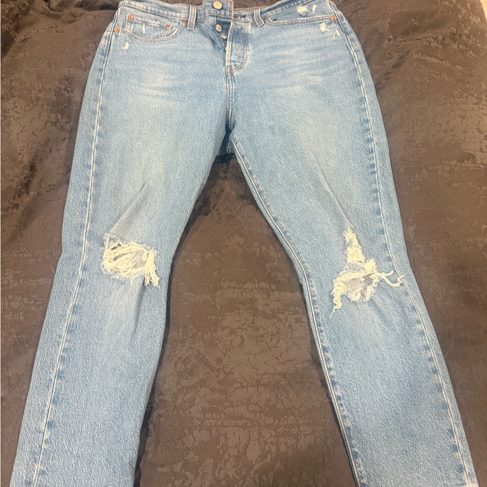 Levi's Blue Straight Leg Jeans with Distressed Details
